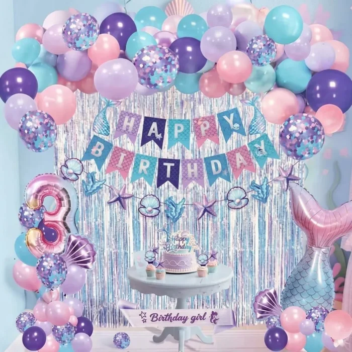 Mermaid Birthday Party Decorations,Mermaid Balloons Kit Sea Balloon Tail Foil Balloon for Girls,Birthday Banner,Sash,Cake Toppers (Number 3)