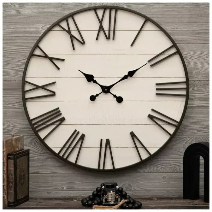 Plank Wood Wall Clock White - Rustic Roman Numerals