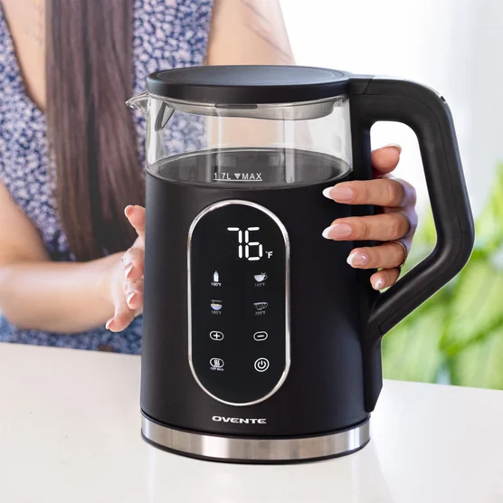 OVENTE 1.7L Electric Kettle with Digital Touchscreen, 1500W, Black KD96B | Fast-Boiling Water Heater, Double-Wall Cool-Touch, 5Hr Keep Warm, Auto Shut-Off, Boil-Dry Protection, Borosilicate Glass