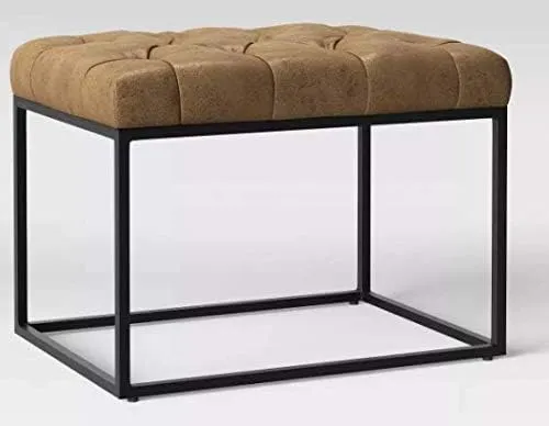 Trubeck Tufted Metal Base Ottoman Faux Leather Brown - Threshold™: Padded Footstool