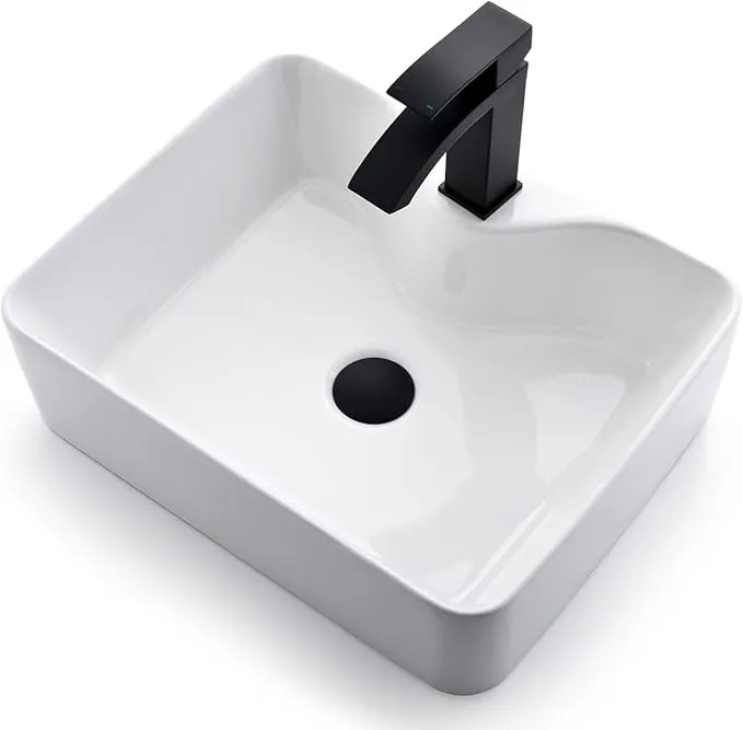 Luckyhorse White Rectangle Ceramic Bathroom Vessel Sink Combo, 18.9"X16.1*9", Above Counter Porcelain Art Basin With Black Faucet And Drain