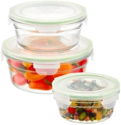 set of 3, Stackable Round Superim, Vacuum Seal Leak proof airtight food container fresh box, Small, medium & Large, Glass