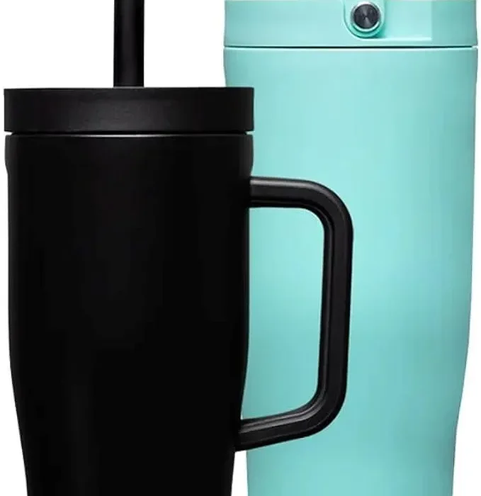 Corkcicle Leakproof Hydration Set, 2-Pack Go Cup XL (30oz) and Cruiser (22oz) Insulated Tumblers with Straws Black/Teal