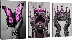 DOARTDO African American Canvas Wall Art 3 Pieces Pink Fashion Black Art Print Black Woman Pictures with Crown African Queen Painting Home Decor Framed (12"x16"x3 Pieces)