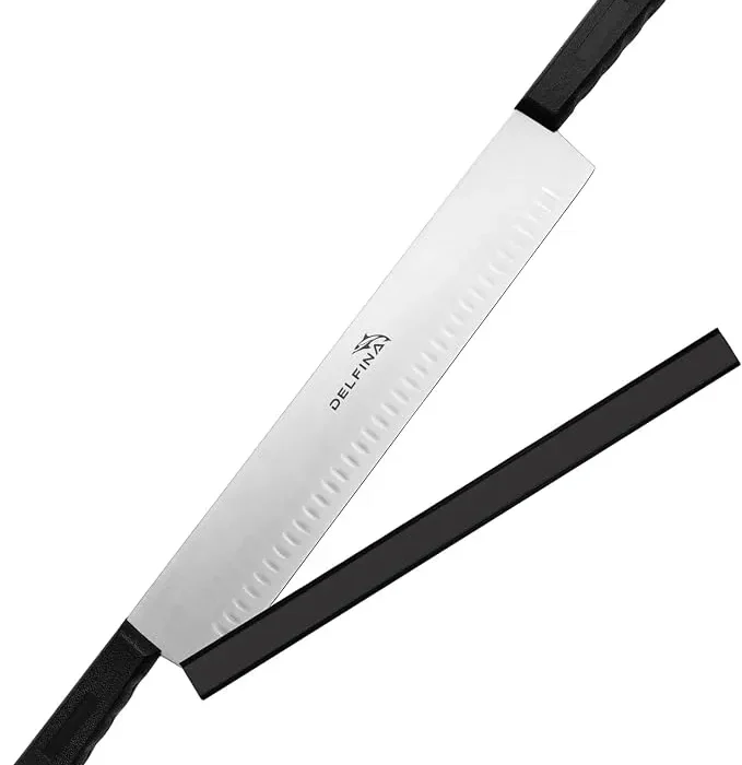 DELFINA 15 Inch Double Handle Cheese Knife with Blade Protector, Stomatal Blade with 5" Plastic Comfortable Handles, Cheese Knife for Cheese,Cakes,Vegetables,Butter,Soaps