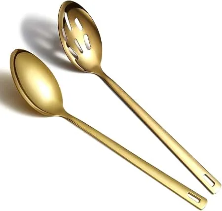 Gold Cooking Spoons Set Of 2, Stainless Steel Kitchen Solid Slotted Spoon