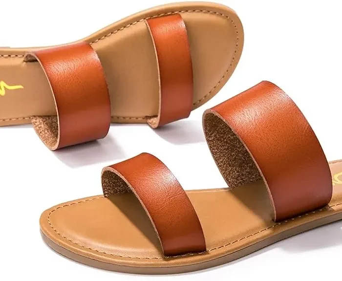 LM Women's Braided Slide Sandals Open Toe Two Band Slip On Flat Sandals Casual Summer Sandals (9, New Brown)