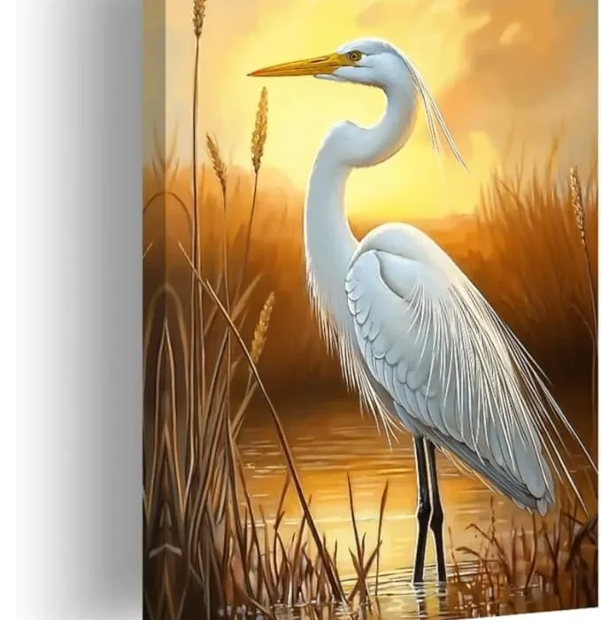 CCWORKERRY White Heron Pictures Bathroom Wall Decor Coastal Bird Couple Painting Beach Egret Poster Wildlife Reed Canvas Prints Hallway Decor(Yellow,12L x 18W)