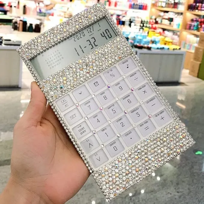 Bling Rhinestone Calculator Silver Glitter Sparkle Calculator Office Home Office Supplies Electronics Diamond Desktop Calculator Solar Power 12 Digits Tilted LCD Display
