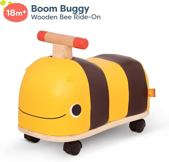 B. toys – Boom Buggy – Ride On – Wooden Ride On for Toddlers – Handle & 4 Smooth Wheels – Push & Roll Bee – 18+ Months