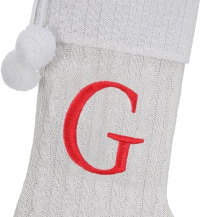 Pxniy Personalized Christmas Stocking 19 Inch - White Cable Knit with Monogram Embroidery & Pom Poms, Family Fireplace Hanger for Holiday Decor, White Letter G