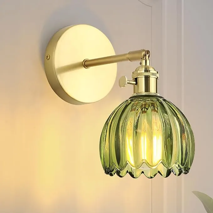 Vintage Wall Sconce - 180° Adjustable Gold Brass Wall Light with Green Tulip Glass Shade, Hardwired Sconces for Bedroom, Living Room, Hallway & Vanity