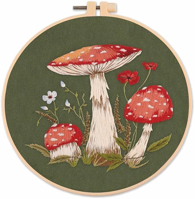 Asmoothread DIY Cartoon Embroidery Kit Printed Mushroom Pattern Needlework Beginner Flower Cross Stitch Set with Hoop Handmade Home Decor
