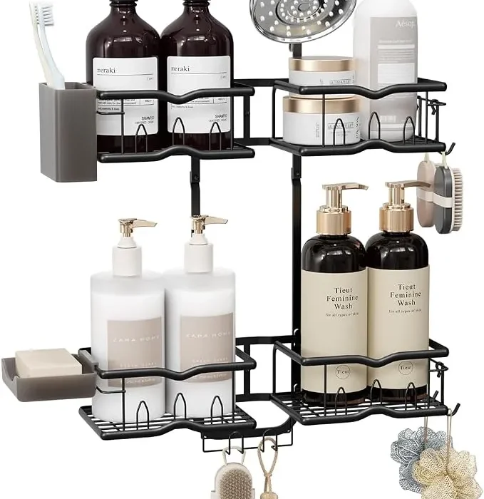 Heavy-Duty Shower Caddy Hanging for Handheld Showerhead, 2-Tier Adjustable Height Bathroom Organizer with 10 Hooks & Soap Holder, Rustproof Carbon Steel Anti-Swing Shower Shelves, Black