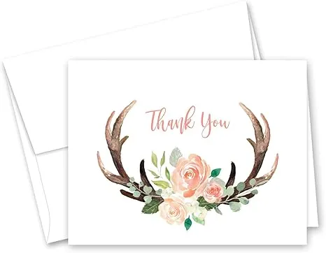 InvitationHouse Floral Oh Deer Rustic Antler Baby Shower Thank You Cards - Set of 50 (Peach Floral)