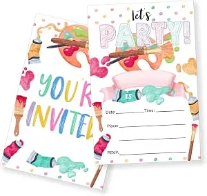 Art Painting Birthday Party Invitations With Envelopes Set of 20, Art Paint Art and Craft Painting Birthday Party Fill in Invites Cards (Double Sided)