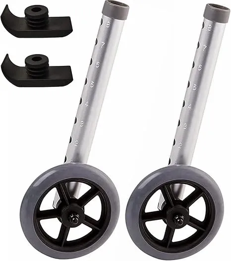 Walker Wheels and Ski Glides 1 Pair, Rubber Universal Walker Caster Wheel with 8 Height Adjustable, Replacement Rollator Accessories,