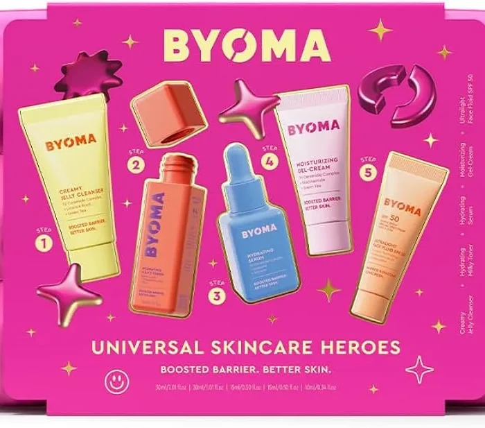 BYOMA Universal Skincare Heroes (5-Piece Kit) - Skincare Gift Set with Jelly Cleanser, Milky Toner, Hydrating Serum, Gel Cream & SPF 50 - Skin Barrier Repair Gift Set with Makeup Bag