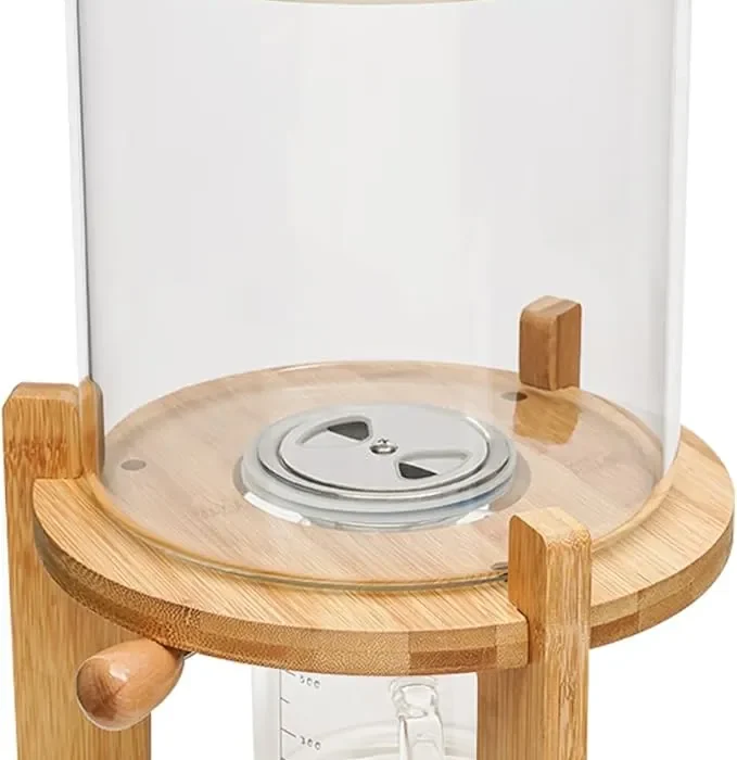 Glass Rice Dispenser with Wooden Stand Flour and Cereal Container with Glass Measuring Cup Creative Glass Food Storge Container for Kitchen Organization and Pantry Store with Airtight Bamboo Lid, 5L