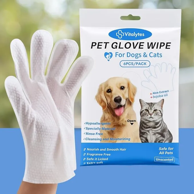 Pet Glove Wipes for Dogs & Cats, Rinse Free Grooming Gloves, Thick Moist Deodorizing Cleaning Gloves Individually Wrapped, Hypoallergenic (pack of 6 for Travel & Daily Use