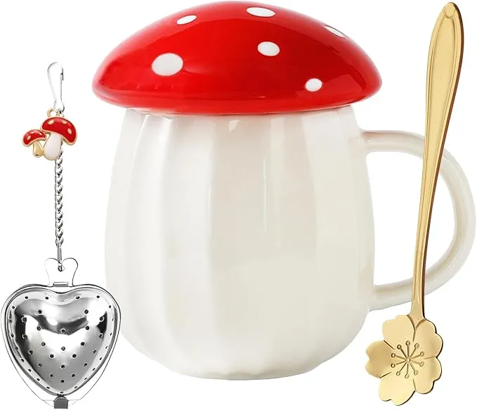 Yalucky Kawaii Cute Mushroom Mug Tea Cup Set Mushroom Stuff for Milk Glass Coffee Tea Cup Mug With Lid Gifts for Girl Women Birthday Christmas Home Mushroom Decor Autumn Mugs