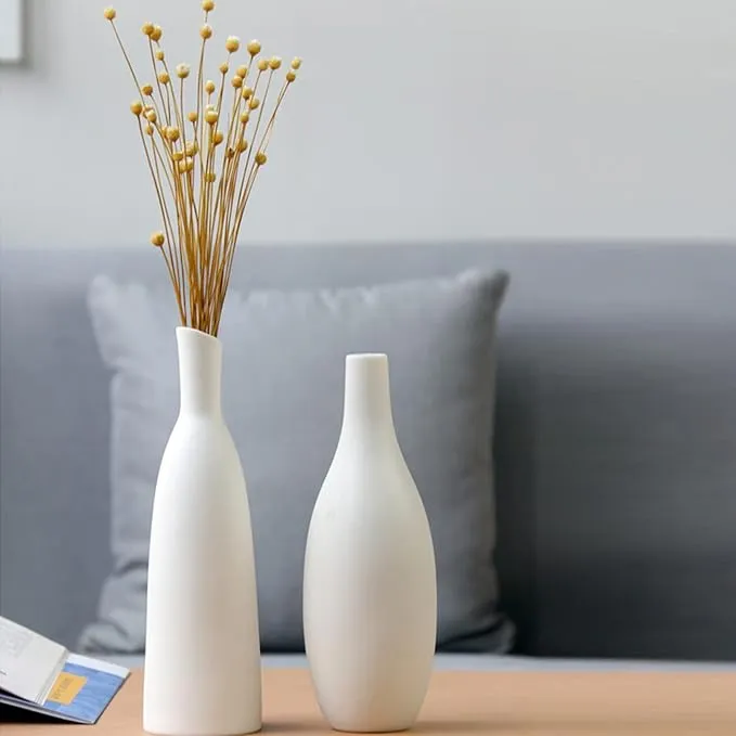 White Modern Vase Ceramic Vase for Decor, Small Flower Vases Set of 2 for Modern Rustic Farmhouse, Decorative Vase for Dried Flowers, Ideal Tabletop Bookshelf Mantle Decor,White,Set of 2