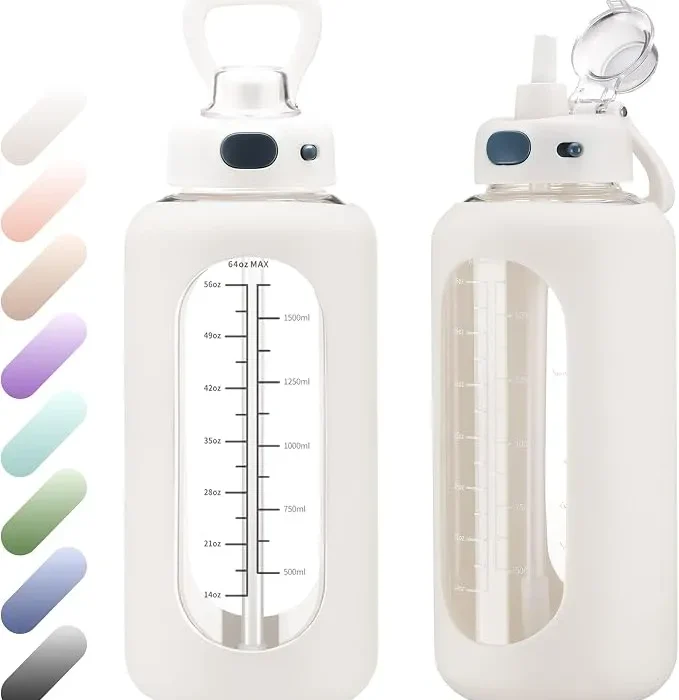 64 oz Glass Water Bottle with Straw and Handle Half Gallon Large Water Bottle with Silicone Sleeve and Time Marker Sports Water Jug Wide Mouth for Travel Gym