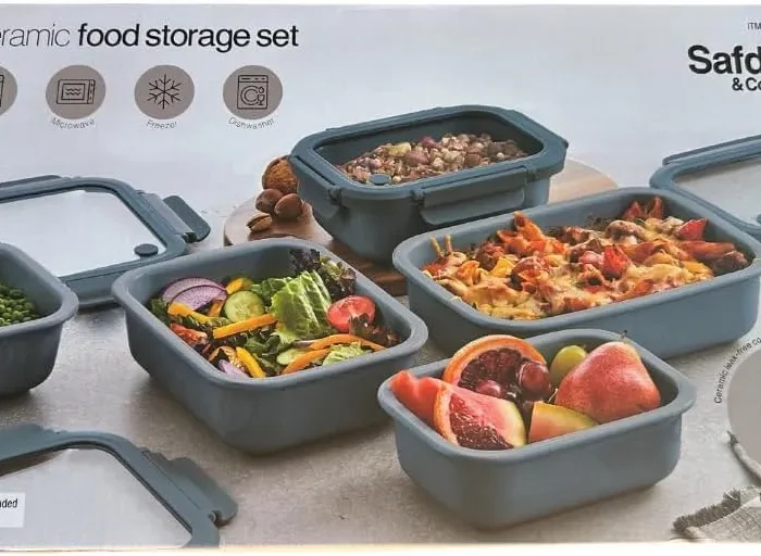 Safdie Ceramic Food Storage Set, 5 Containers with Glass Lids, Leak-Free Kitchen Containers (Blue)