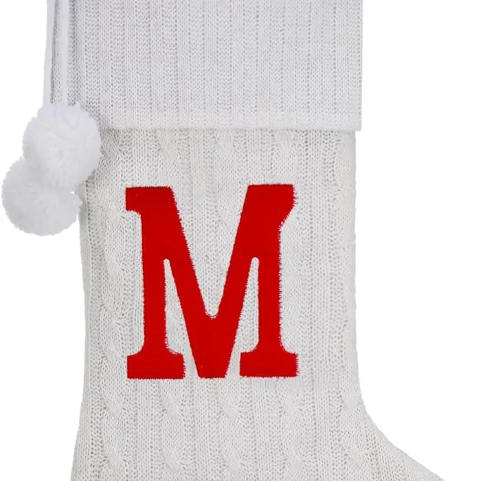Pxniy Personalized Christmas Stocking 19 Inch - White Cable Knit with Monogram Embroidery & Pom Poms, Family Fireplace Hanger for Holiday Decor, White Letter M
