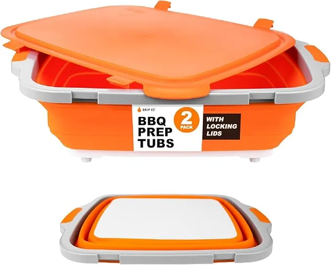 Drip EZ Collapsible BBQ Prep Tubs 2-Piece 1Set - For Meal Prep Marinating Food Storage - Includes Cutting Board & Lid - (1) OG + (1) XL - Orange