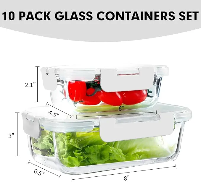 10Pack Glass Meal Prep Containers, Airtight Glass Lunch Containers,Stackable Food Storage Containers Set with Lids,Exclusive of BPA, for Microwave,Oven, Freezer&Dishwasher