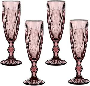 Vintage Champagne Coupe Glasses Flutes set of 4 Pink 5oz Colored Retro Goblets Cold Drinks for Wedding Party Bar Christmas Holiday Colr (Purple)