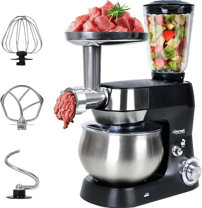 Lifecreek 3-in-1 Multifunctional Stand Mixer, 5.3Qt 660W, 6-Speed Tilt-head, Electric Kitchen Mixer with Stainless Steel Bowl,Meat Grinder, Juice Blender (ST27M01)