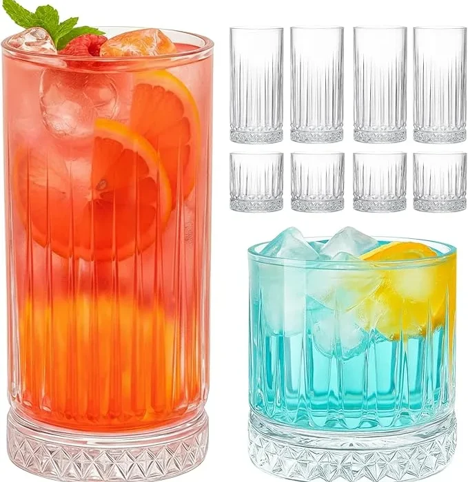 Ruckae Drinking Glasses Set of 8,15 oz and 7 oz Kitchen Water Glass Cups Set,Clear Ribbed Glassware Dishwasher Safe,Mixed Drinkware for Beer,Juice,Cocktail