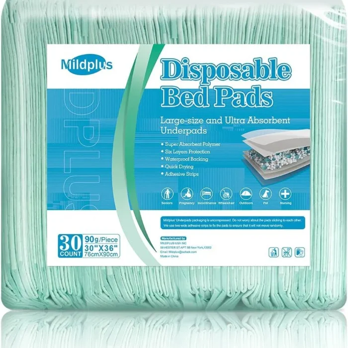 MILDPLUS Bed Pads with Adhesive Strips 30''X36'', 30 Count Chucks Disposable Underpads Extra Large Thicker Incontinence Pads for Unisex Adult, Senior, Kids and Pet