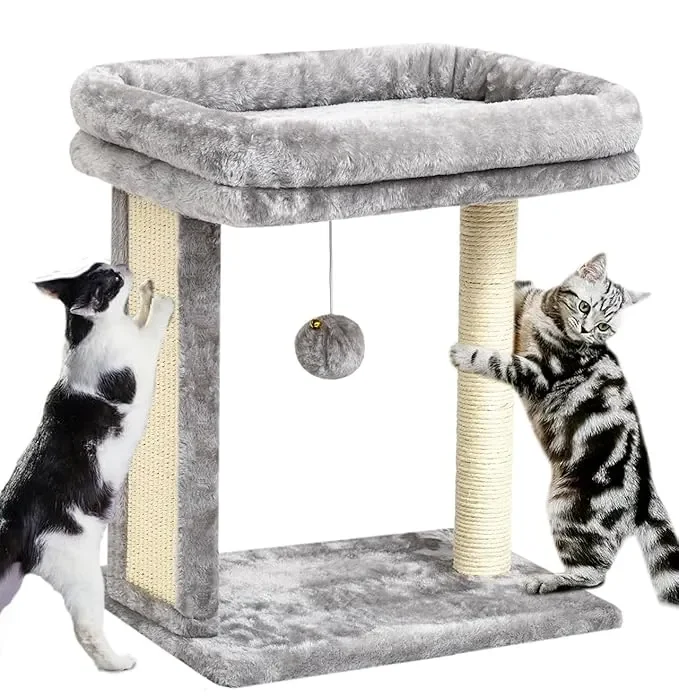 SYANDLVY Cat Tree with Scratching Post for Indoor Cats, Scratching Board with Perch, Cat Post Scratcher with Dangling Balls, Great for Kittens, Grey