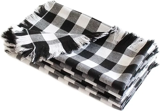 Black Buffalo Checkered Cloth Napkins, Set of 6, 18x18 inch Farmhouse Gingham Napkins with Fringe, Reusable Cotton Napkins for Dinner Parties, Thanksgiving, Halloween & Christmas Decor