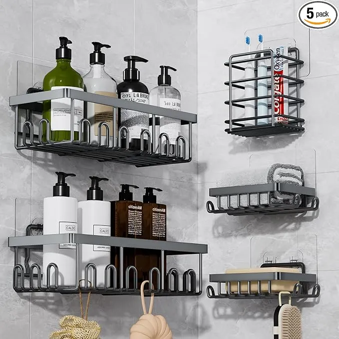 5-Pack Adhesive Shower Caddy for Bathroom & Home Decor Grey
