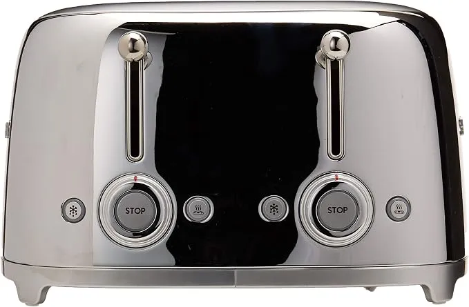 SMEG 4 Slice Toaster TSF03, Retro Stainless-Steel Toaster with Wide Slots for Bagels, 6 Browning Levels, Defrost Reheat Bagel Functions, Dual Controls, Crumb Trays, 1800W - TSF03SSUS - Stainless Steel