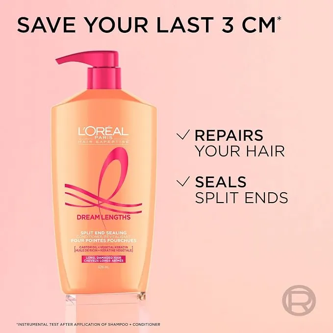 L'Oreal Paris Dream Lengths Conditioner, Hair Conditioner for Long Damaged Hair, Formulated with Keratin and Castor Oil to Nourish Hair Tips, 828 ml