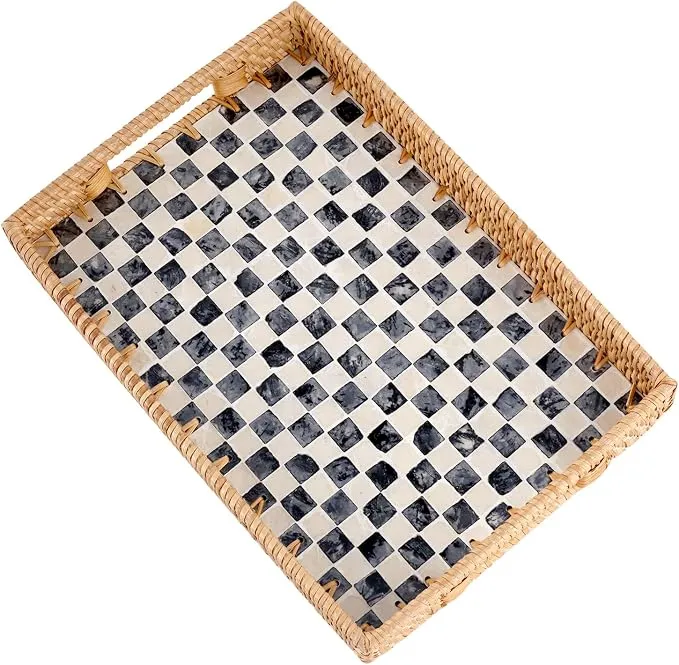 Rectangle Rattan Tray with Mother of Pearl Inlay, Rattan Serving Tray with Handle for Coffee, Bread, Fruits, Snacks, Decorative Wicker Tray for Table Decor (Black Checkerboard, 13"×9")