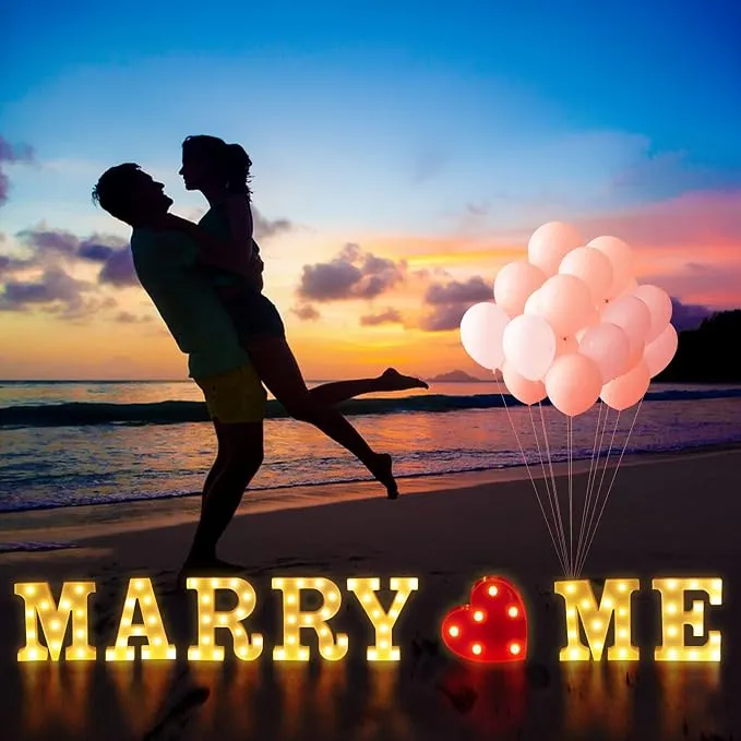 Marry Me Marquee Light Up Letters- LED Letter Number Light Sign with Round Light Rose Petal Balloons Decoration for Proposal Engagement Wedding Home Table Decor White