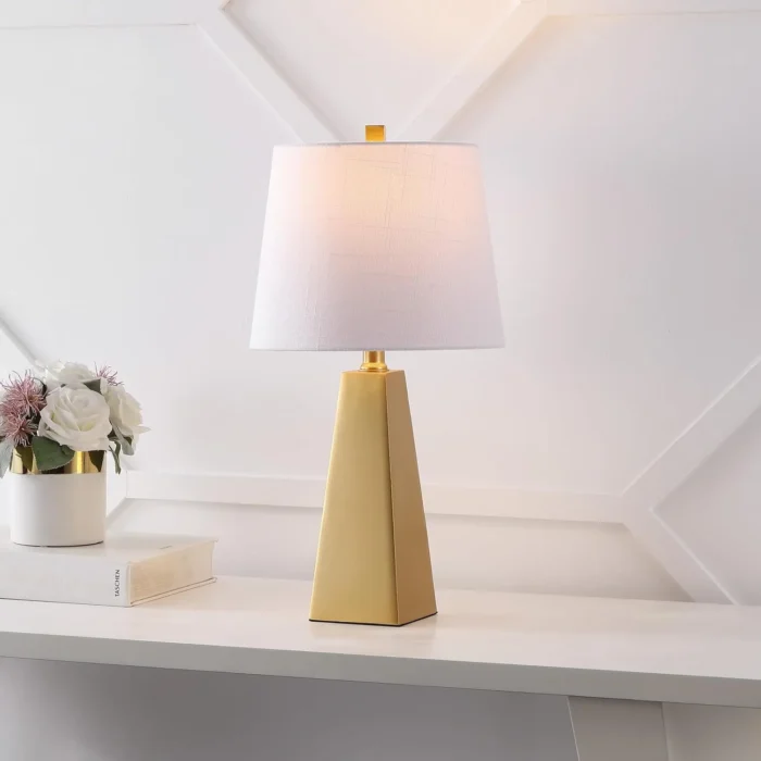 JONATHAN Y 20.5" Gold Painting Modern Resin Table Lamp for Bedroom Living Room, Contemporary Faceted Bedside Lamp with White Linen Shade