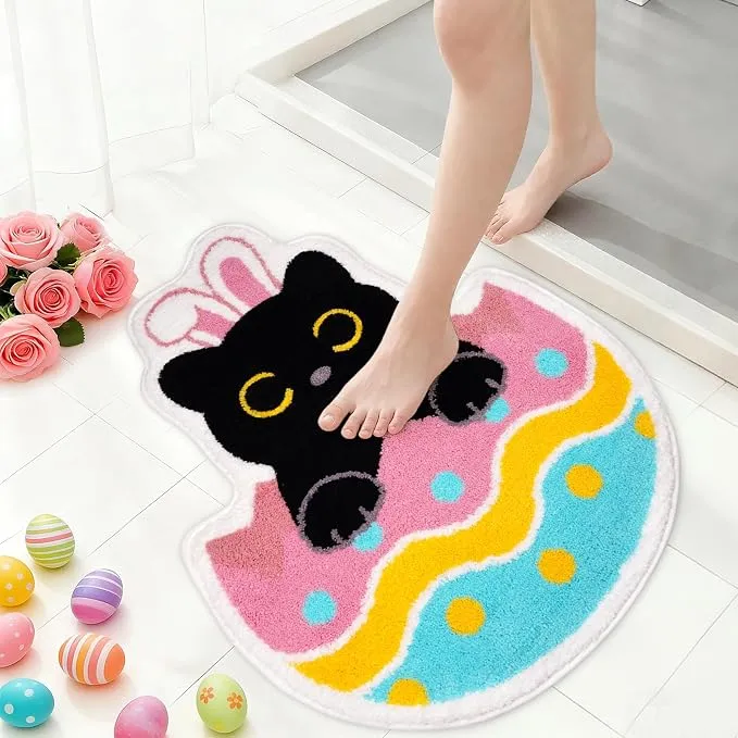 Bathroom Rug - Color Egg Black Cat Bath Mat with Bunny Ears, Funny Bath Rug for Cat Lovers,Non Slip Cute Bath Mat for Shower Tub Bedroom,Home Party Decor,32"x24"