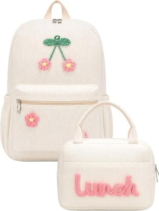 Dansydaisy Corduroy School Backpack with Lunch Bag Set, Beige