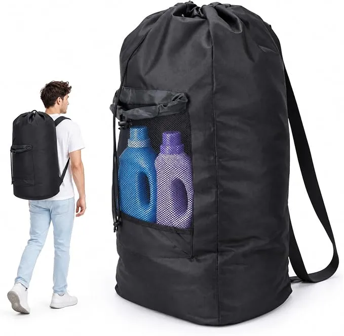 CAMEL Laundry Backpack with Shoulder Straps, Heavy Duty Laundry Bag with Waterproof Lining, Inner Zippered Pocket, Mesh Pocket, Drawstring Closure for College Dorm, Laundromat, Apartment & Travel