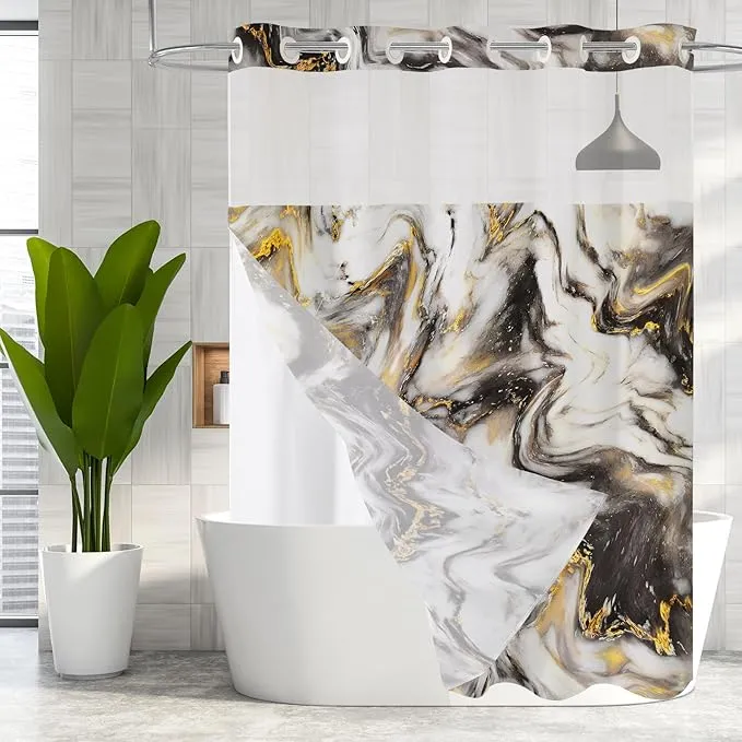 MitoVilla No Hooks Needed Marble Shower Curtain Set with Snap-in Liner, Modern Abstract Curtains for Luxury Hotel Grade Spa-Like Bathroom Decor, Black Gold, 72 x 74 74.00'' x 72.00