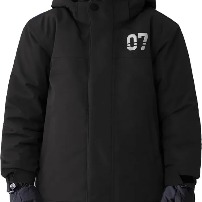 FREE SOLDIER Boys Girls Waterproof Ski Jacket Fleece Lined Warm Winter Snow Coat Kids Winter Jacket with Detachable Hood(Black,6-7/Boy)