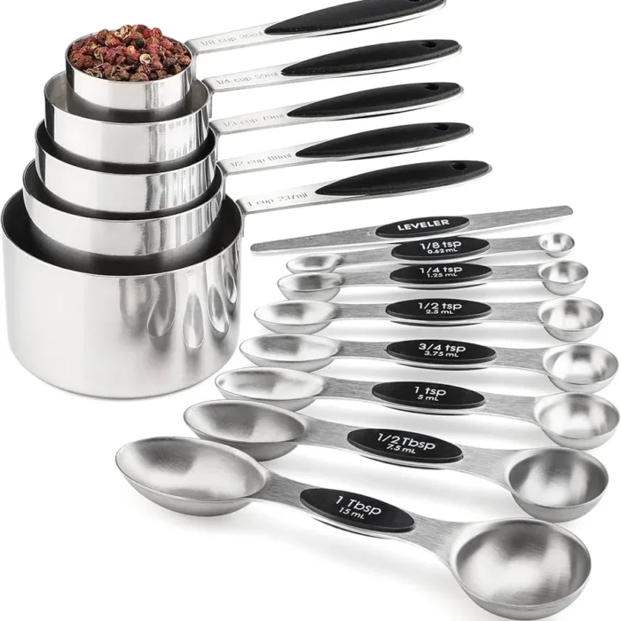16-Piece Stainless Steel Measuring Cups and Spoons Set, Strong Magnetic Nesting Design 8 Spoons with Leveler and 7 cups, Double Measurement Markings for Dry & Liquid Ingredients, Black