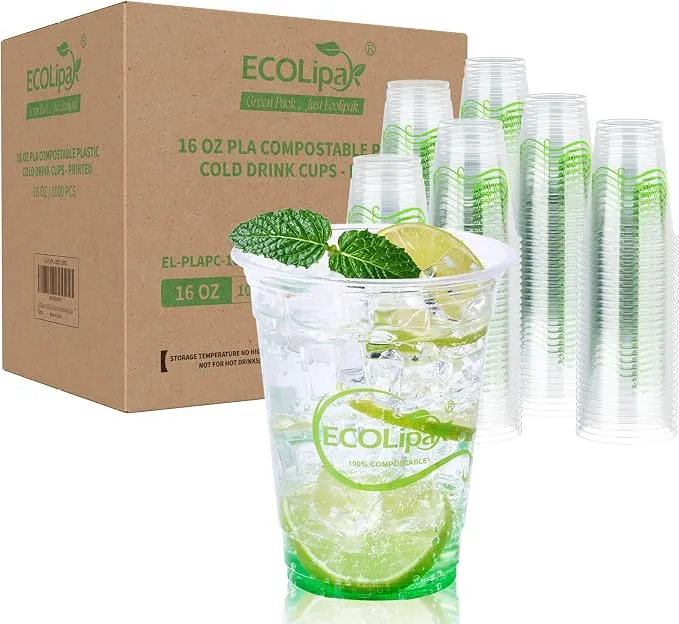 ECOLipak 1000 Count 16 OZ Clear Compostable Plastic Cups for Restaurant